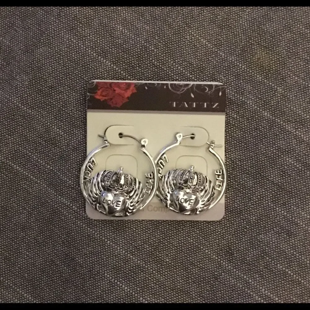 Silver Winged Crown & Heart Charm Hoop Earrings